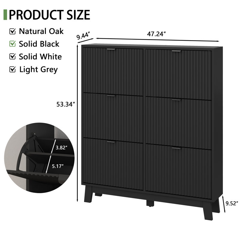 Fluted 53" Tall Shoe Cabinet with 6 Flip Drawers and Metal Handles for Entryway, Black
