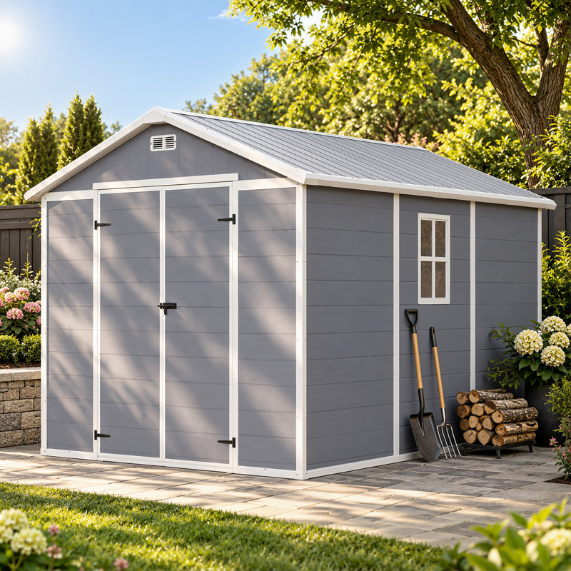 Remise de rangement extérieure en résine l 8 pi. X P 10 pi. Construction à double porte avec plancher robuste à haute résistance, gris clair
