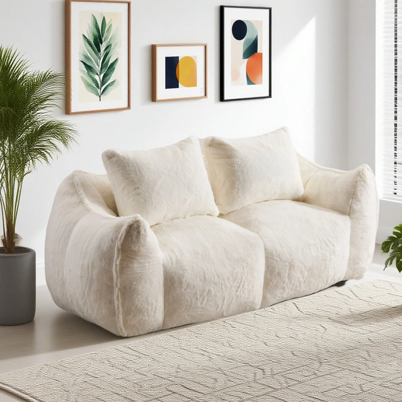 Causeuse de 75 po de large en fausse fourrure et canapé à billes géant pour le salon, Fausse fourrure blanche