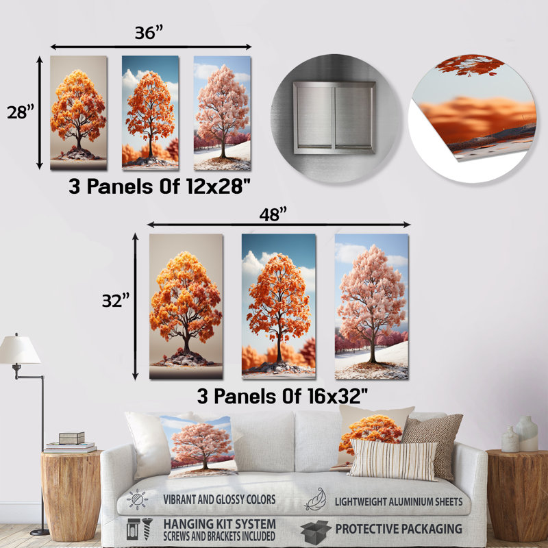 Soft Neutral Tones Maple Tree - Tree Maple Metal Prints Set Of 3, 28" H x 36" W