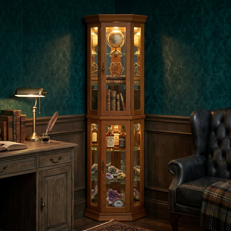 Vitrine de coin en chêne avec éclairage, Chêne