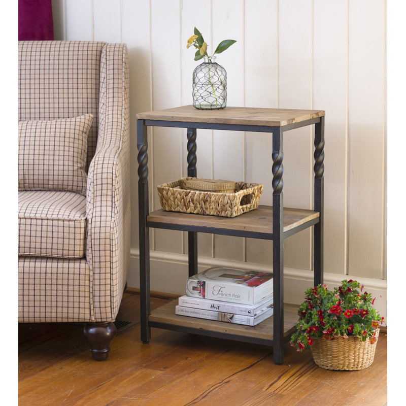 Rustic Pine and Metal End Table with Shelves