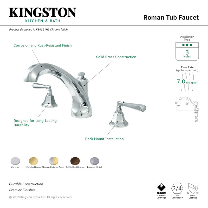 Kingston Brass Roman Two-Handle 3-Hole Deck Mount Roman Tub Faucet, Polished Brass