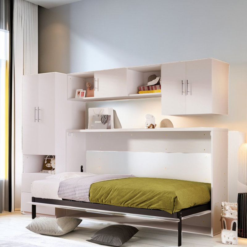 Murphy Bed With Open Shelves, Storage Drawers, Built-in Wardrobe And Table