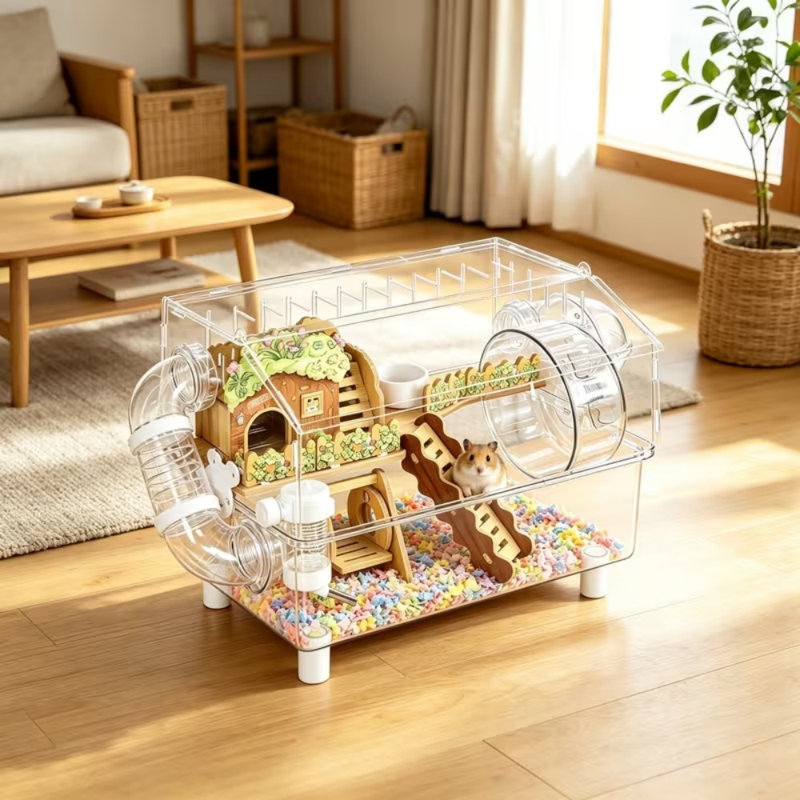 Grande cage à hamster en acrylique transparent avec accessoires de jeu complets, 2 niveaux transparents pour petits animaux de compagnie avec roue de couloir cachée, pour souris gerbiles nains syriens