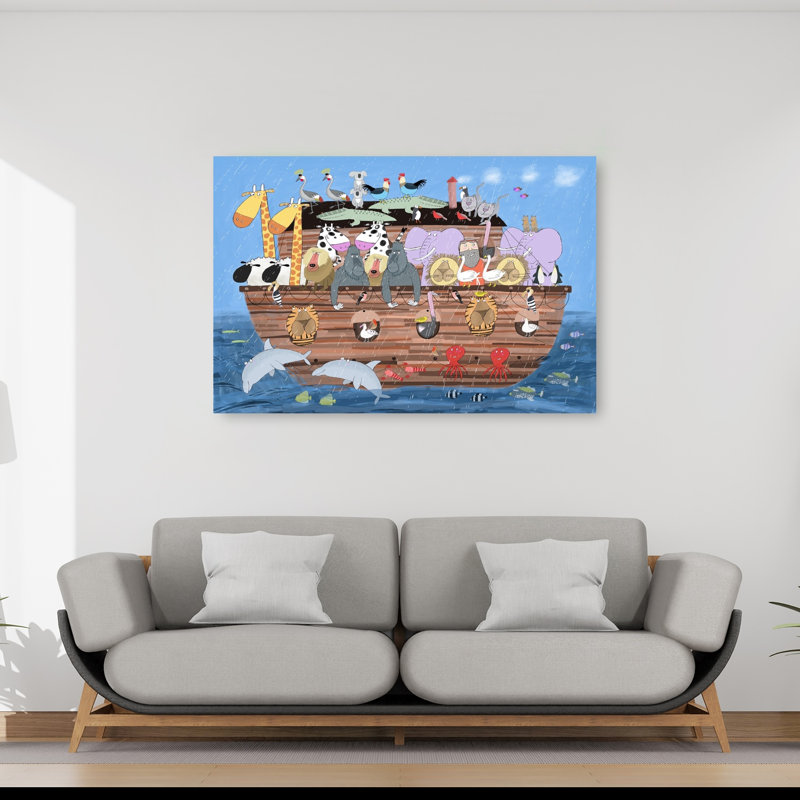 L'aventure de l'Arche de Noé - Affiche murale abstraite contemporaine représentant un oiseau, une vache, un crabe et la faune marine
