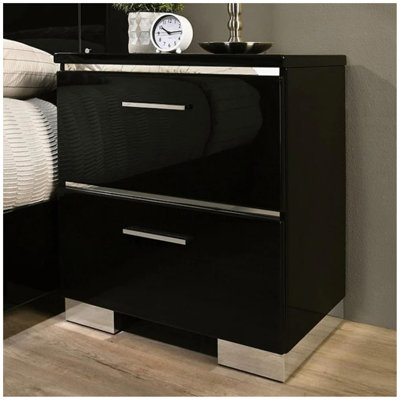 Table de chevet 1pc avec poignées et pieds en chrome laqué noir lustré avec chargeur USB