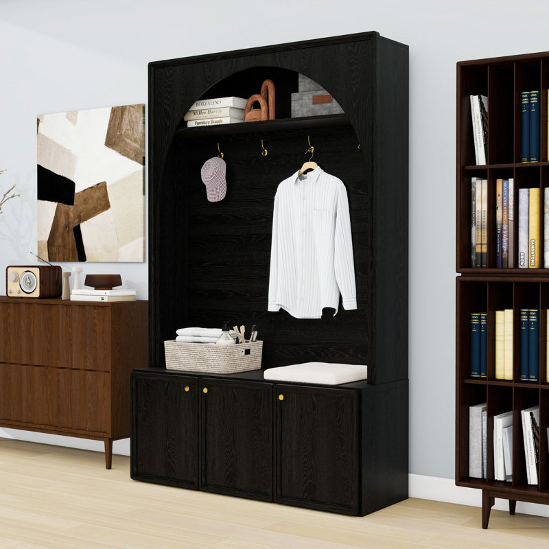 Farmhouse Arched Hall Tree with Storage Bench and 3 Cabinets, 4 Metal Hooks & Adjustable Shelves, Black