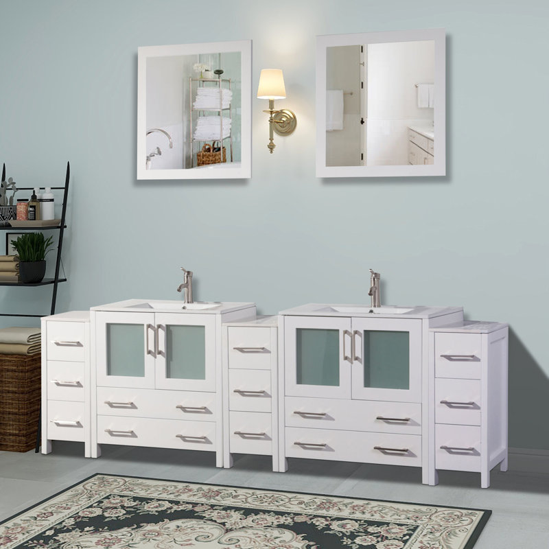Karson 96'' Double Bathroom Vanity with Ceramic Top with Mirror, White
