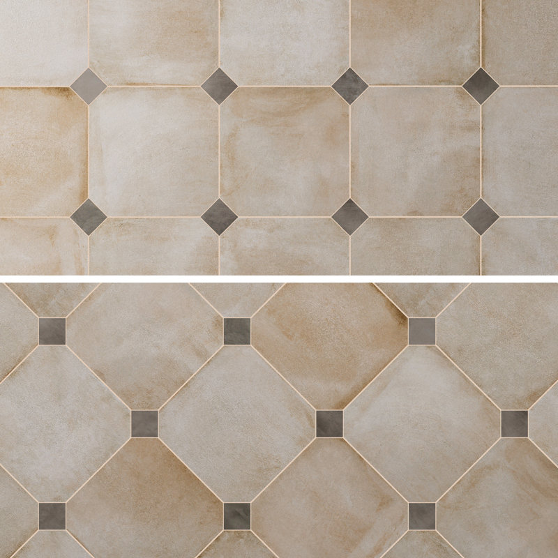 Laverton Octagon W/Taco 7-7/8 In. X 7-7/8 In. Porcelain Floor And Wall Tile, Beige/Dark Gray