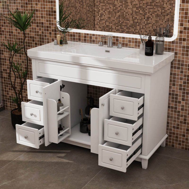 Meuble-lavabo de 48 pouces avec lavabo en résine, armoire moderne avec 6 tiroirs à fermeture silencieuse et 2 portes pour un grand rangement