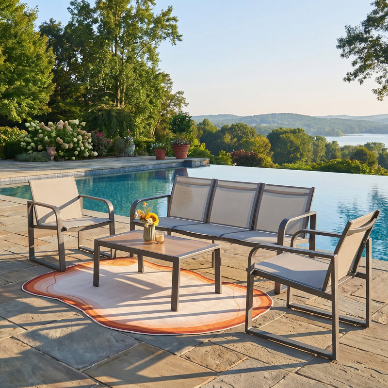 Modern 4-piece Outdoor Patio Conversation Set - All-aluminum Frame, Breathable PVC-coated polyester Seating & Wood-like Coffee Table
