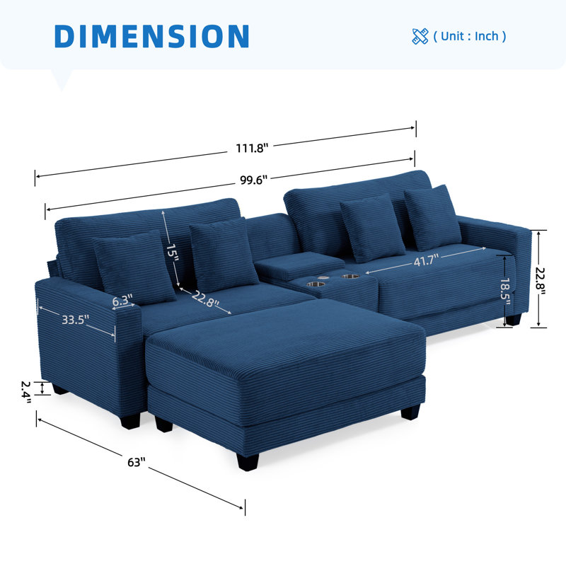 Cottie 111.8" W 3-Piece Reversible Corduroy Sectional, Navy Corduroy