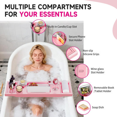 Foldable Bathtub Tray Caddy,Adjustable 29.5-43'' ,with Non-slip Pads, Wine Glass Holder,Pink