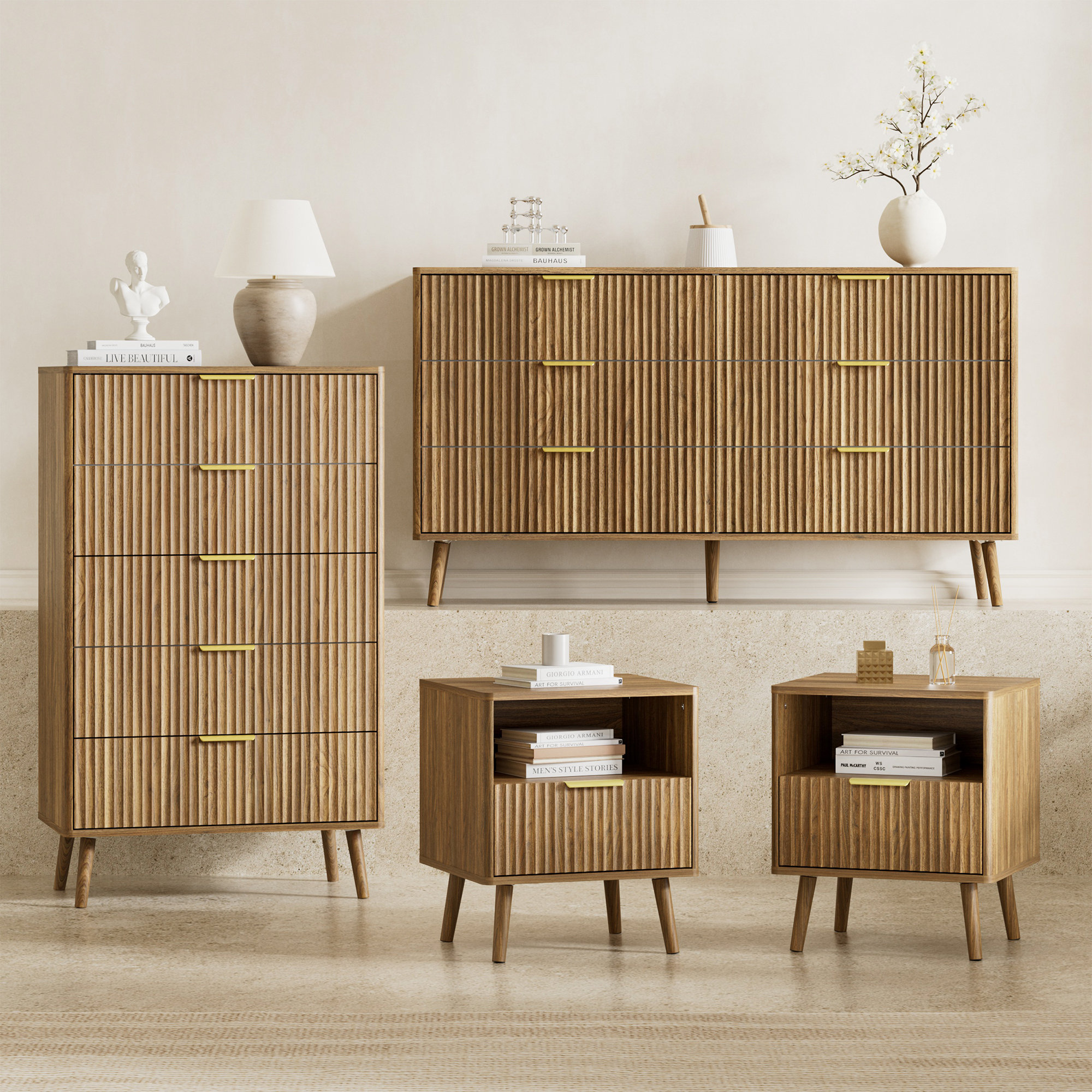 4 Piece Bedroom Set, Dresser And Nightstands Set - Walnut