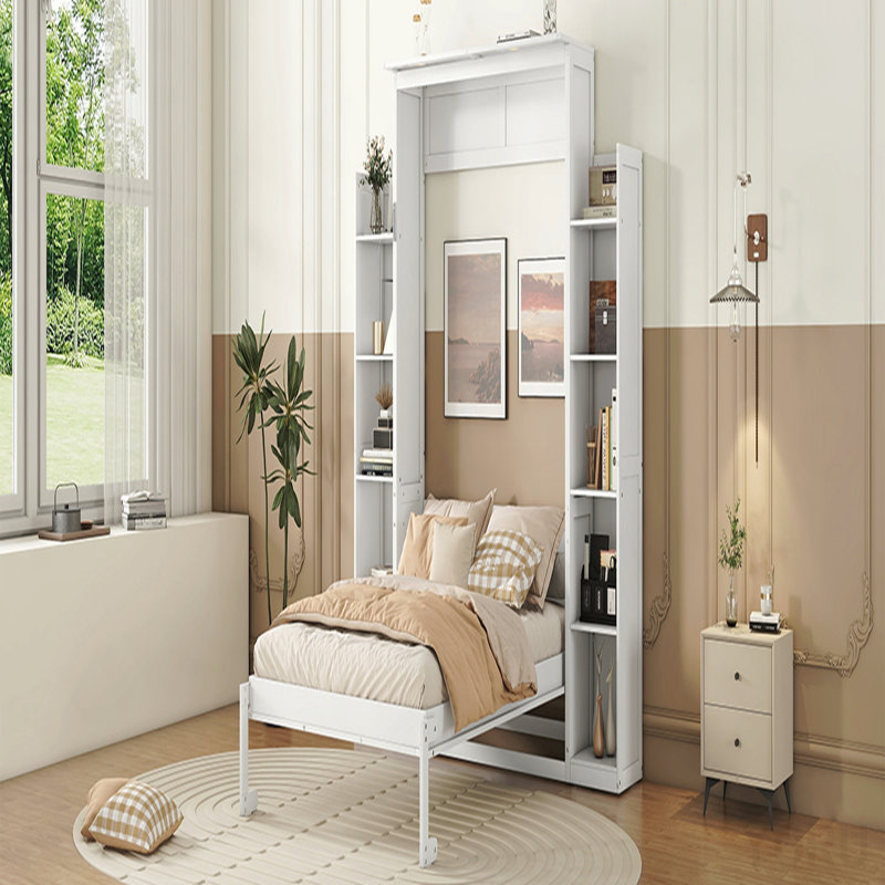 Lit escamotable double pleine grandeur avec tablettes et lumières DEL, blanc