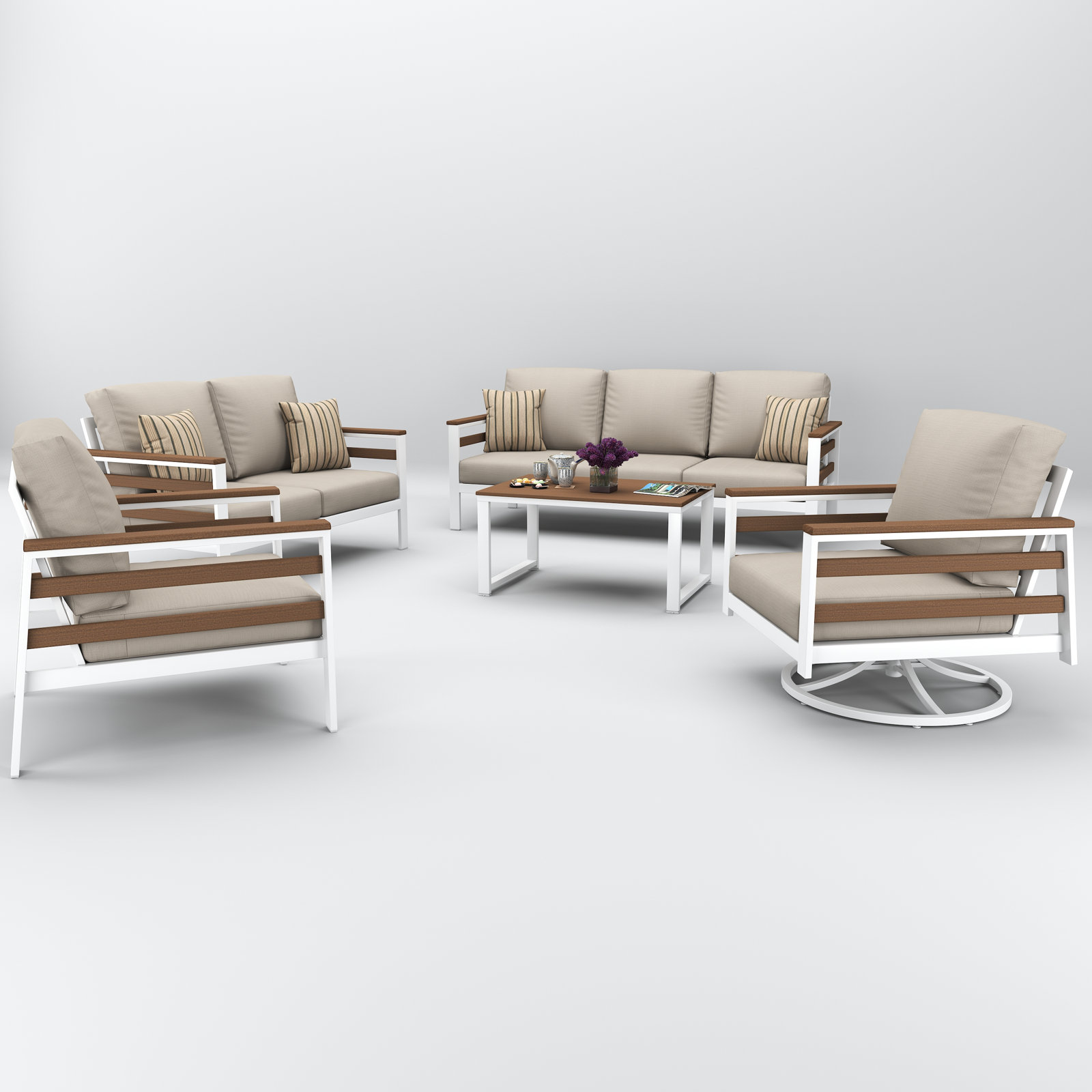 Townsend 7 Person Seating Group With Sunbrella Cushions, Brown, Spectrum Dove
