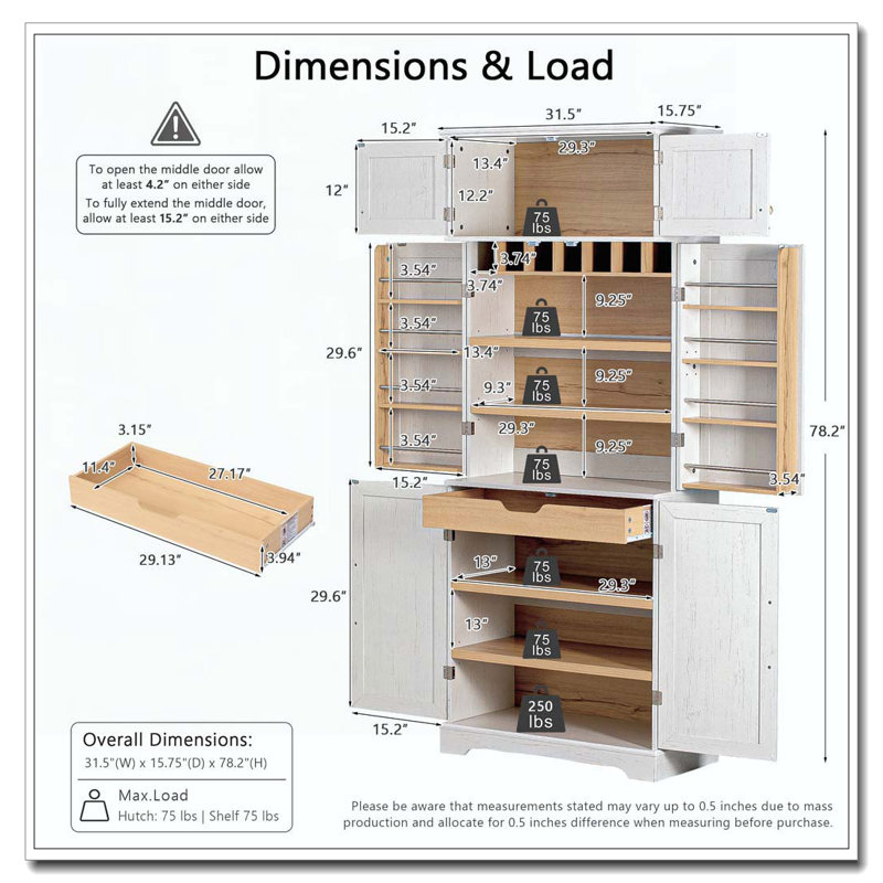 Armoire de cuisine de style campagnard de 78,2 po de hauteur avec 8 tablettes de porte, armoire de rangement avec 4 tablettes réglables, tiroir caché