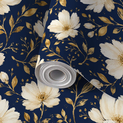 Peel and Stick Wallpaper Contact Paper Elegant White Gold Floral Navy Blue Self Adhesive and Removable 17.7in x 118in(45x300cm)