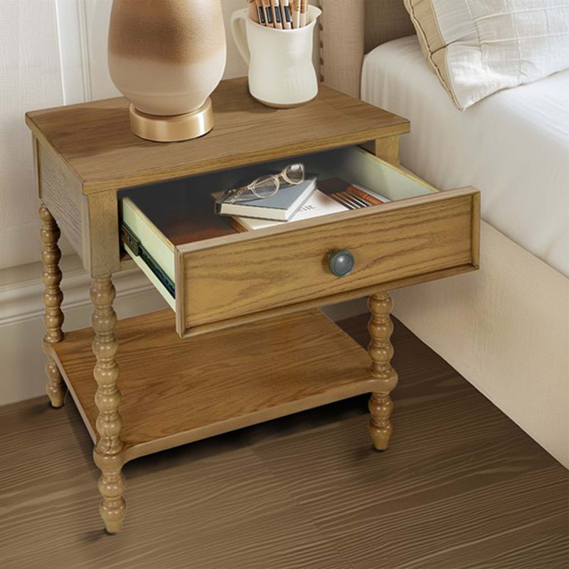 Table de chevet en bois de style traditionnel avec structure en bois massif, 2 tiroirs, pieds tournés et glissières de tiroir en métal et en métal
