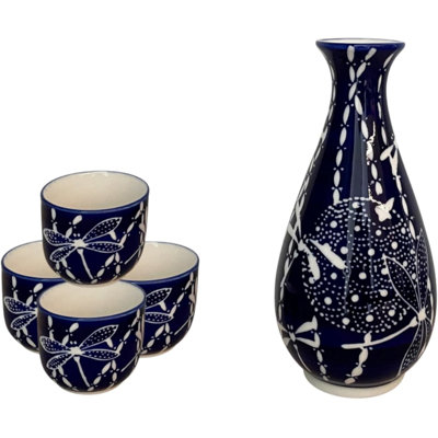 Ensemble de 4 flacons et 4 tasses à ochokos en porcelaine bleu foncé
