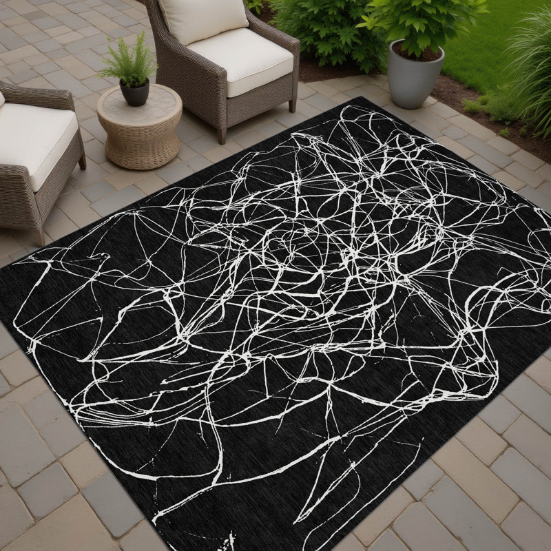 Tapis moderne intérieur / extérieur lavable à la machine ACN2826, Noir, 9 pi x 12 pi