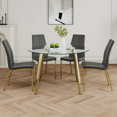 Modern Style Glass Circle Table, Elegant Transparent Design, Durable Support Base, Charcoal PU Dining Chair Set, Gold-Plated Chair Legs, Suitable For Restaurant Kitchens(Set Of 5)