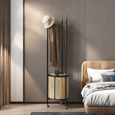 Ash Wood Rattan Coat Rack Removable Basket