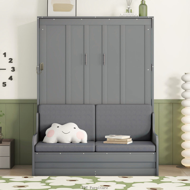 Grand lit escamotable mural avec coussin, gris, Gris