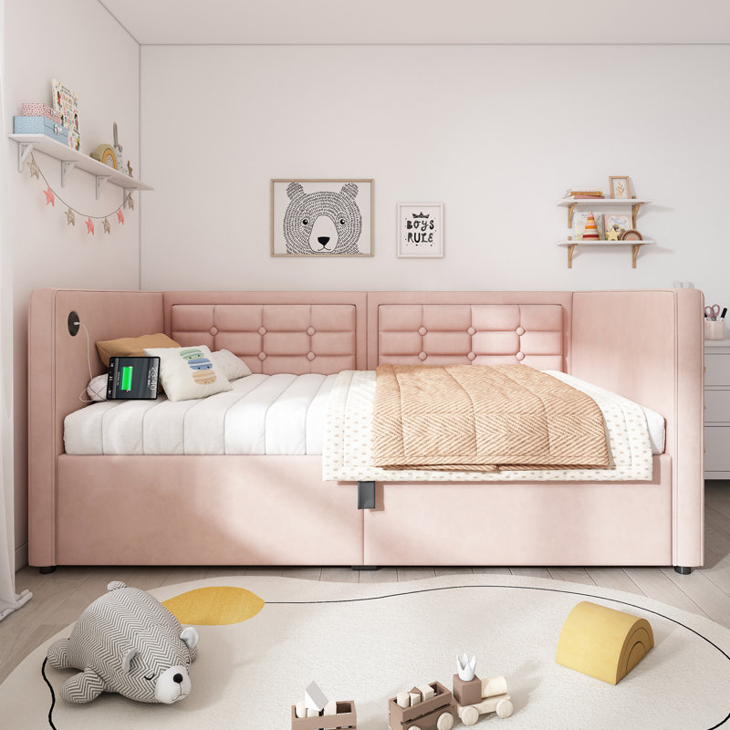 Upholstered Twin Size Daybed, Hydraulic Storage Twin Bed Frame With USB & Type-C Charging, Velvet Sofabed With Wooden Slats And Tufted Sofa Back, Pink, (Without Mattress)