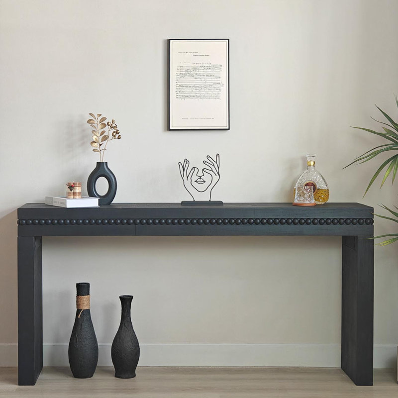 Console 64 "en bois noir moderne - Élégante table d'entrée avec bordure décorative perlée, Noir antique