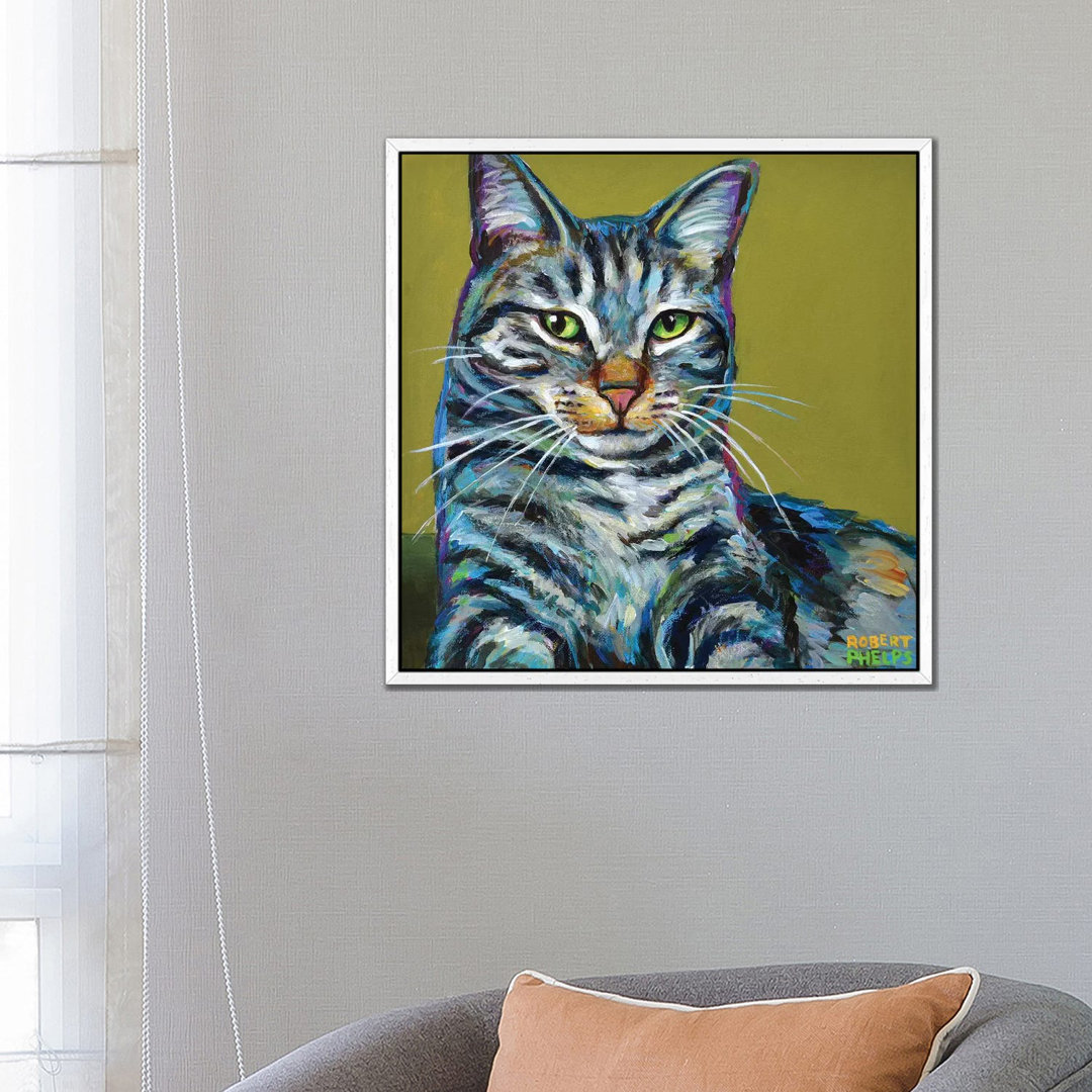 Gestreifte Tabby auf Grün von Robert Phelps - Galerie-verpackte Leinwand Giclée auf Leinwand