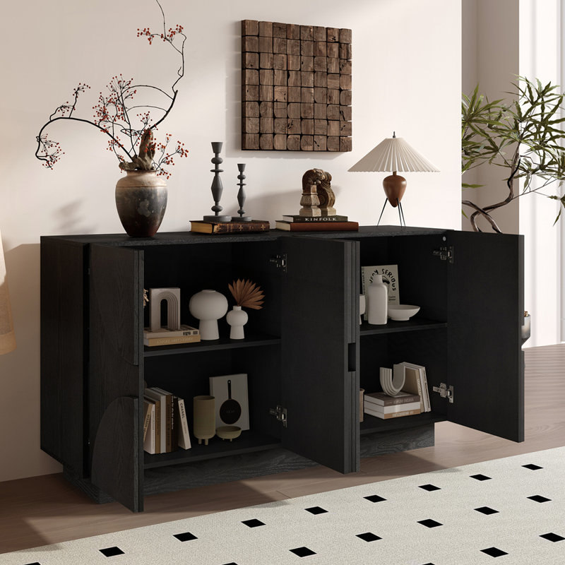 4-Door Large Storage Sideboard Wood Sideboard Cabinet with Semi-Circular Handles and Adjustable Shelves for Dining Room