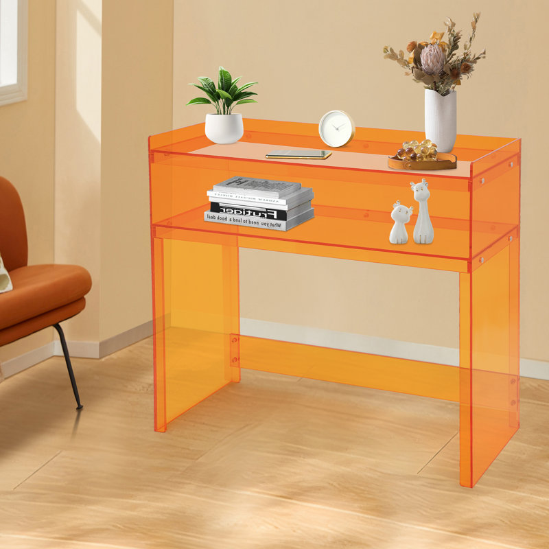 Table de bureau rectangulaire 2 étages avec porte ouverte et 2 tablettes orange, Orange
