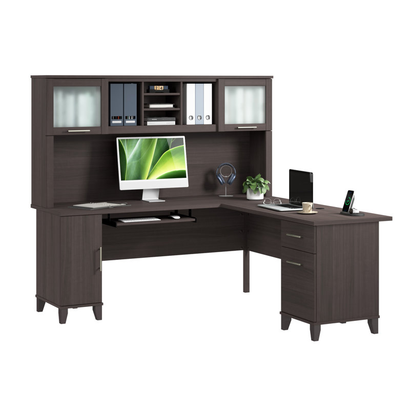 Bureau en L 72 po avec huche et rangement Paelynn, bureau d'ordinateur de coin, bois moderne, gris orage, Gris orage
