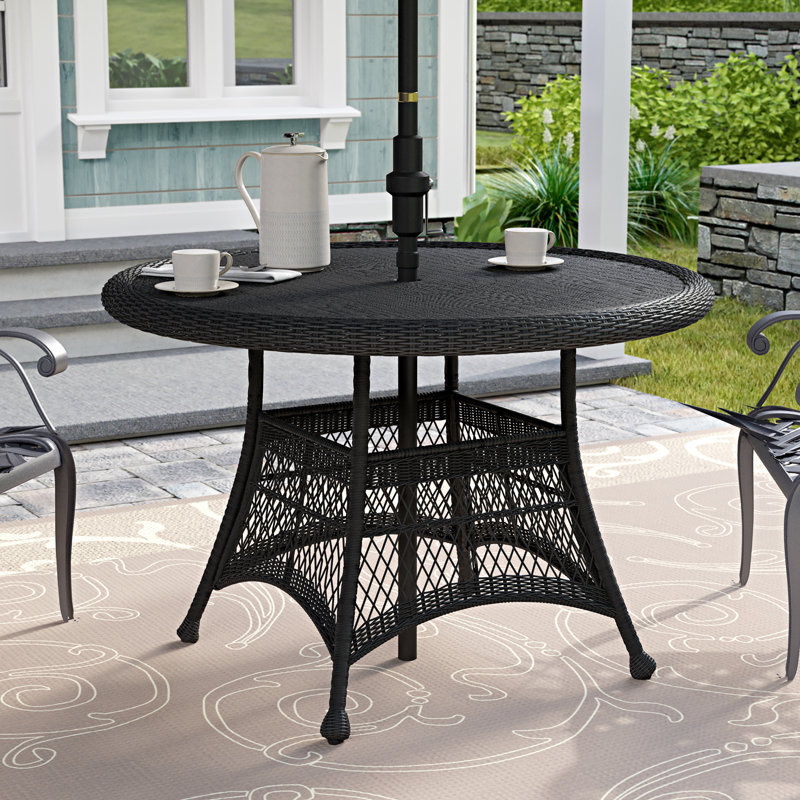 Starcher Round Wicker Outdoor Dining Table With Umbrella Hole , 44.5'' in. W 44.5'' in. D, Black