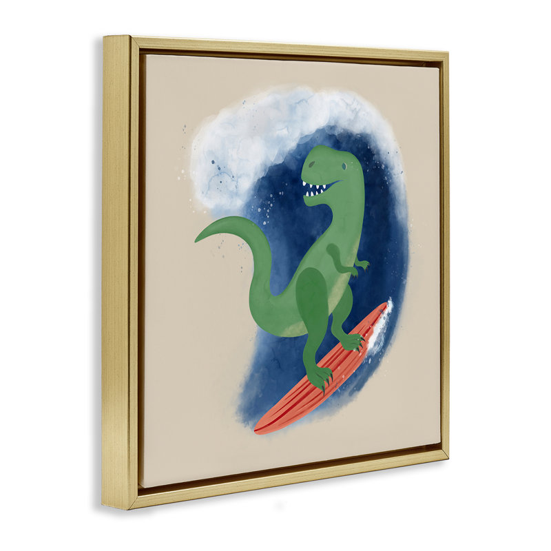 «Surfing Dino T-Rex», art mural encadré flottant par Carrie Cantwell, Cadre flottant métallique doré, H 25 po x l 25 po