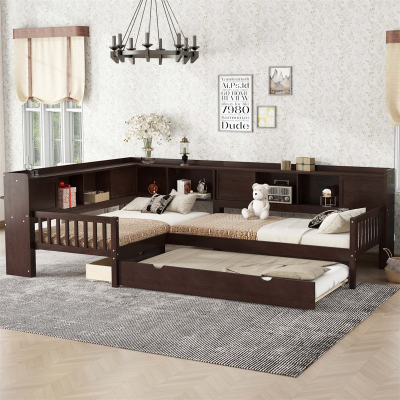L-Shaped Twin Platform Bed With Trundle, Storage Drawers, And Shelves, Solid Wood Construction, No Box Spring Needed, Espresso Finish