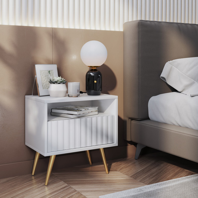 Hodgskin 47cm W Manufactured Wood Bedside Table, White/Gold
