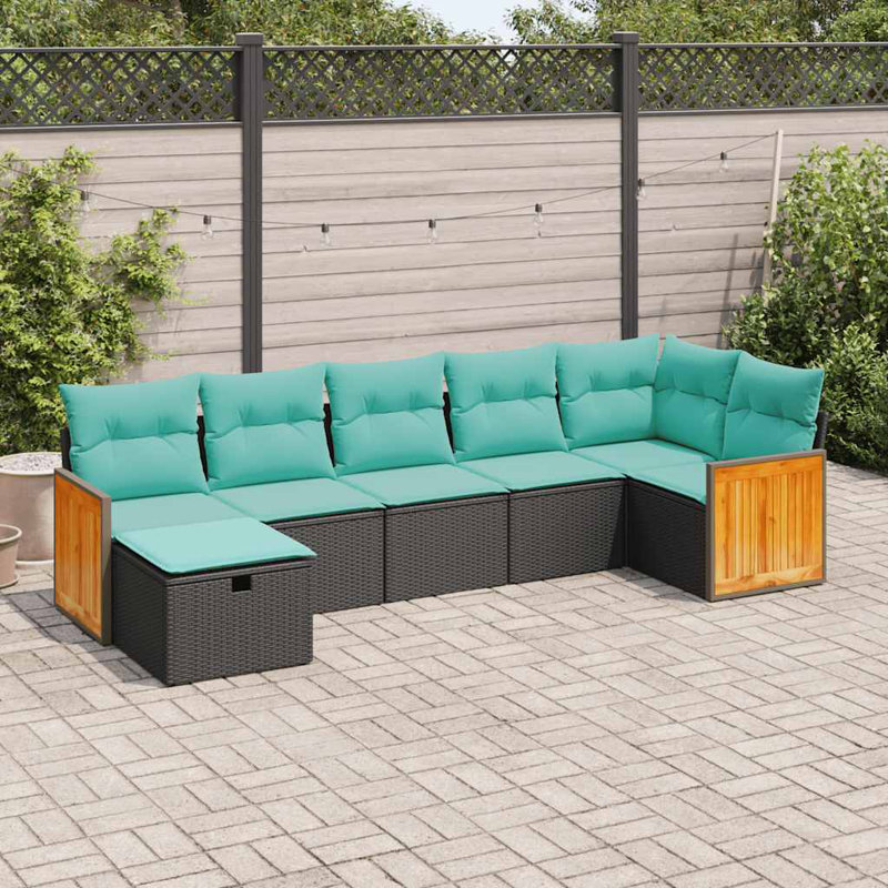 Ensemble de canapé de patio 7 pièces avec coussins en rotin de polyester noir