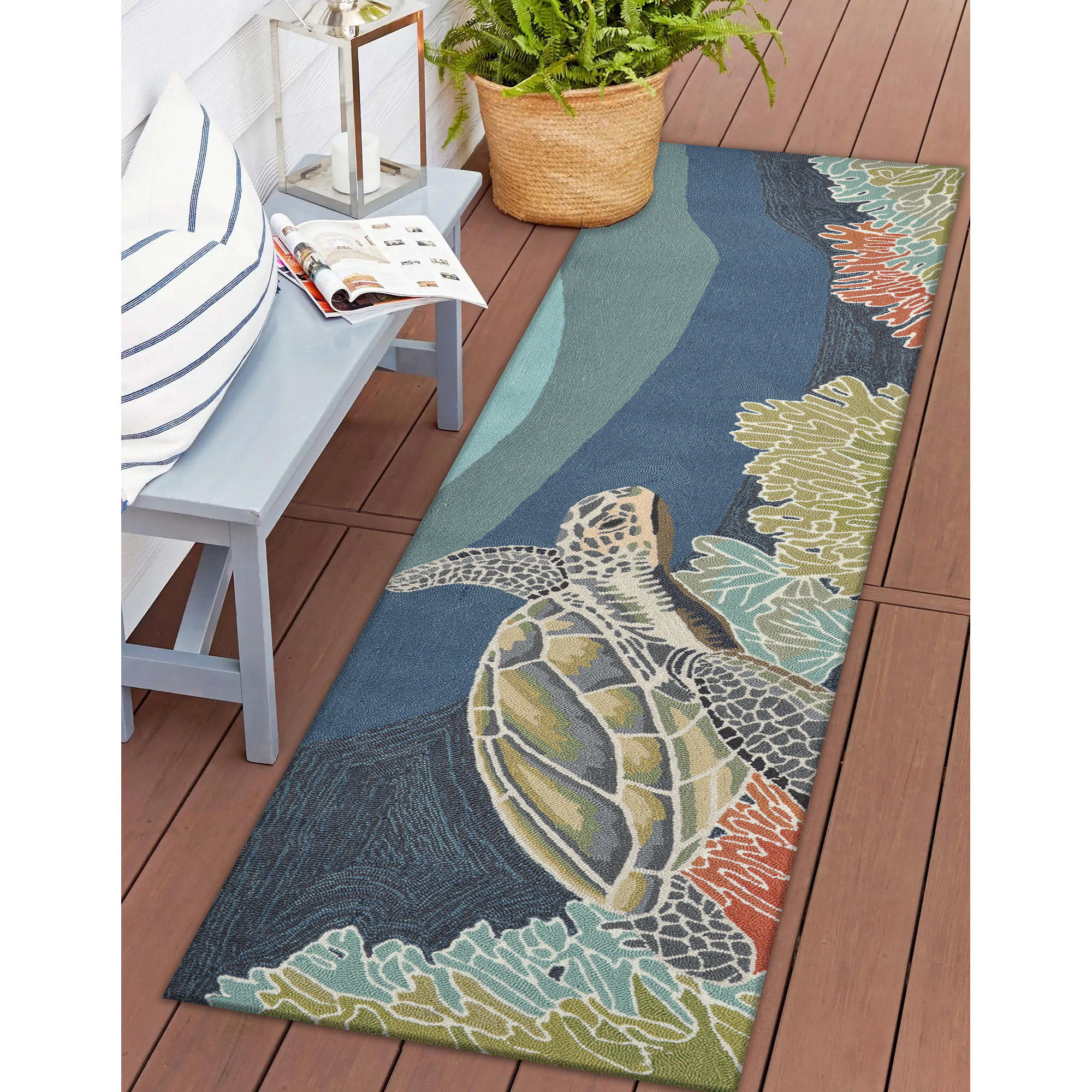 Blue Turtle Round Area Rug, Coastal Floor Mat, Ocean Beach Theme Carpet,  Nautical Sea Life Decor Indoor or Poolside Rug 