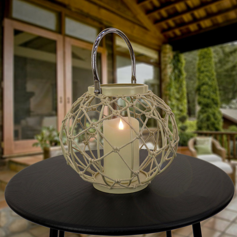 Lanterne ronde 12 po à tissage corde, sable blanchi, H 8,30 po x l 9,40 po x P 9,40 po