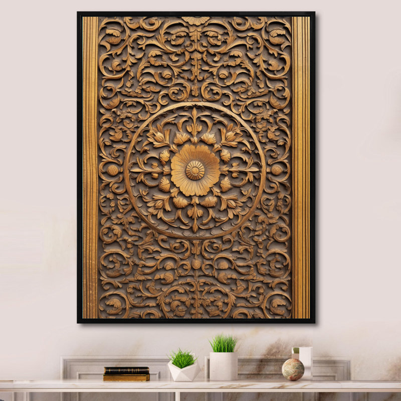 Vieille porte en bois sculpté douzième sur toile, H 44 po x l 34 po x P 1,5 po, Cadre flottant noir
