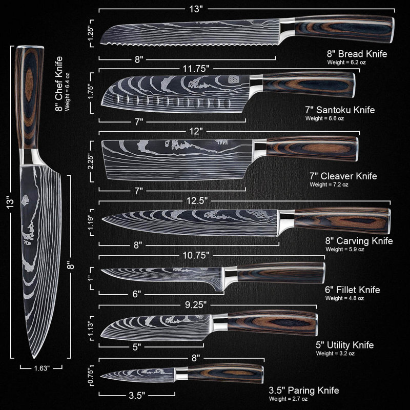 Senken Knives Senken Knives Complete 8-Piece Japanese Kitchen Knife Set With Damascus Pattern - The Imperial Collection - Japanese Chef Knife Set with Smooth Wooden Handles - Ultra Sharp for Fast Cutting