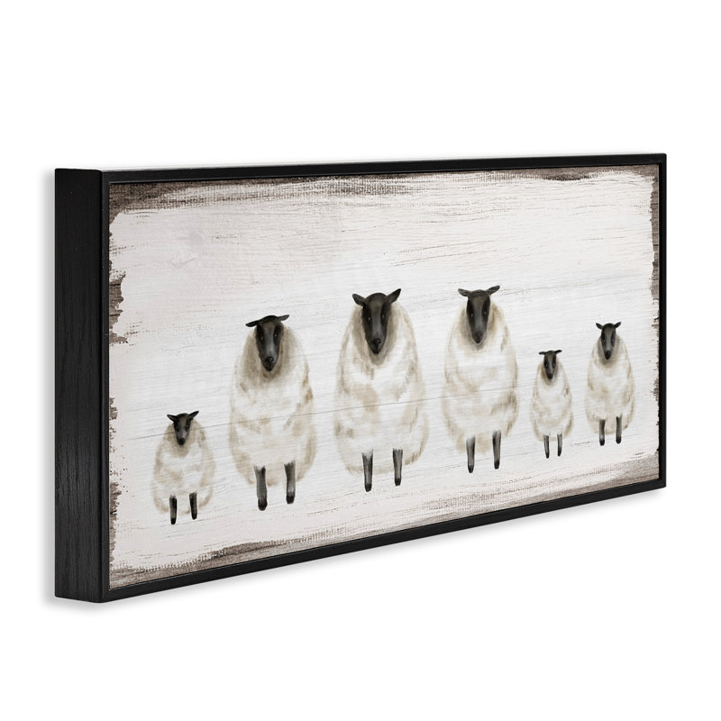 Fluffy Farm Sheep Herd, animaux de campagne rustiques, H 13 po x l 30 po, Giclée encadrée noir minuit