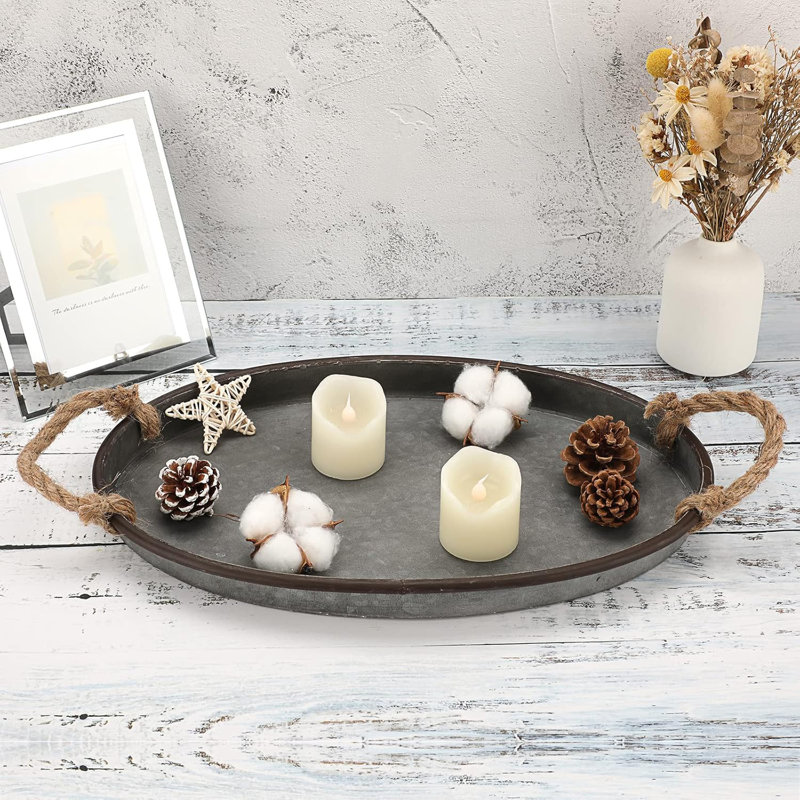 Galvanized Metal Iron Oval Tray With Rope Handle Farmhouse Serving Tray,Brown Gray