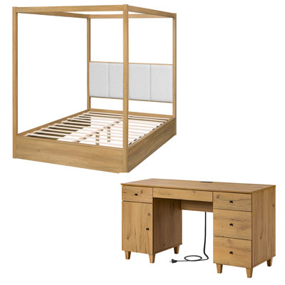 2 Pieces Bedroom Furniture Set, Queen Size Solid Wood Canopy Bed And 58" Vanity Desk With Drawers And Storage Cabinet