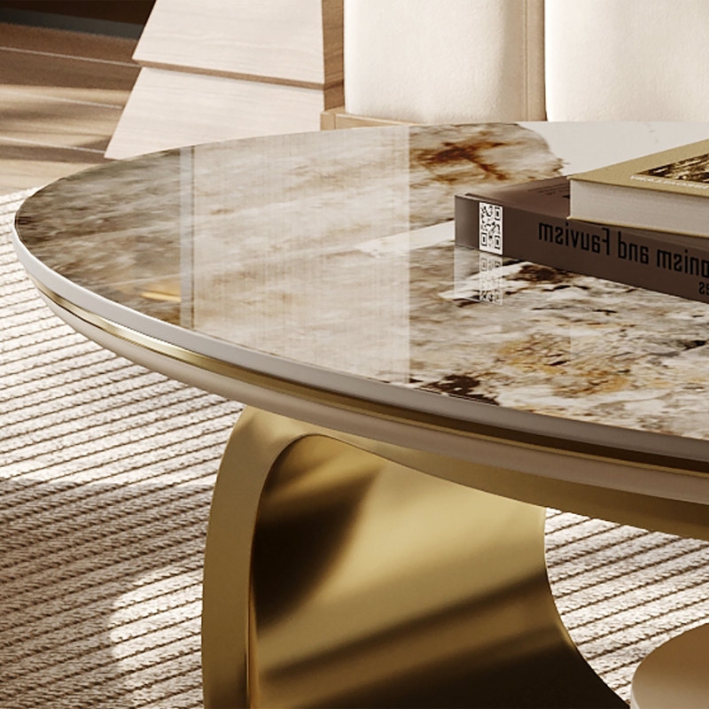 51"L x 27.5"W Oval Pandora Sintered Stone Coffee Table with Storage Drawer, Gold Stainless Steel Base, Modern Living Room Accent Table, Luxury Living Room Center Table