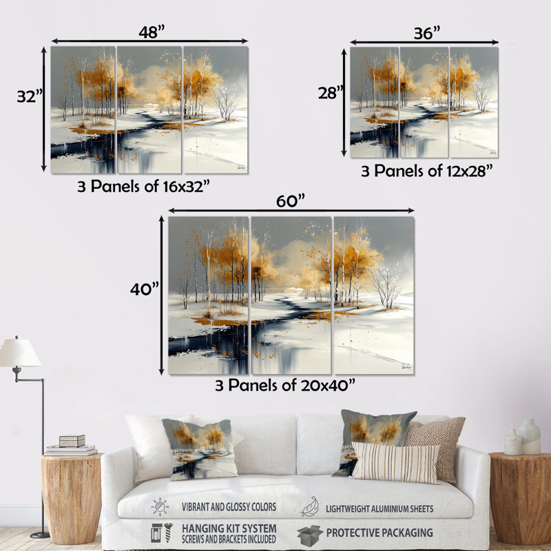 Ensemble de salon art mural doré et doré givré en hiver, Métal métal, H 32 po x l 48 po x P 1 po