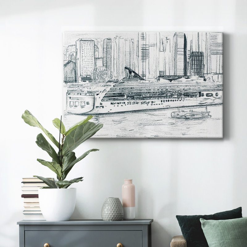 Toile tendue avec embarcations de traversier II, H 32 po x l 48 po